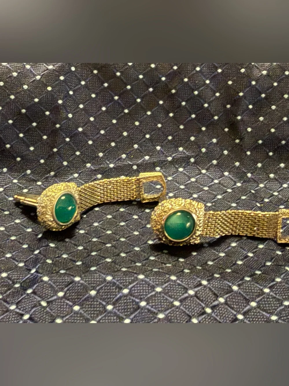 Gold-Tone Cuff Links with Green Center Stone